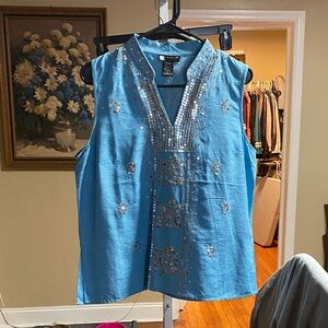 Carole Little Blue Embroidered Sleeveless Blouse